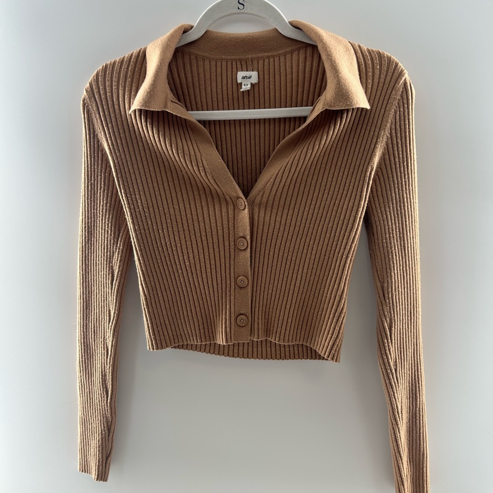 Aerie Ribbed‎ Tan Button-Up Women's Top Size Small
